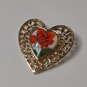 Gold Tone Heart With Red Flower Brooch